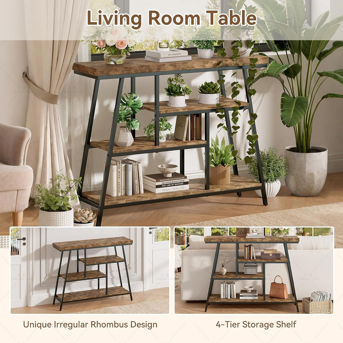 43.3" Console Table, Industrial 4-Tier Sofa Table Entryway Table with Arched Metal Frame, Storage Shelves, Narrow Wood Accent Tables with Small Spaces,Living Room,Hallway,Foyer, Rustic Brown