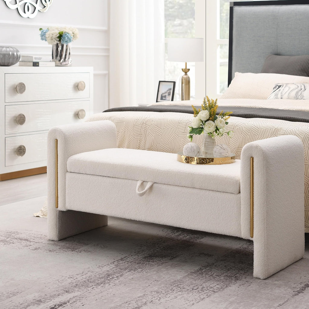 Christopher Knight Home Upholstered Storage Ottoman, Teddy Fabric Bench with Solid Wood Legs, Comfortable Foot Rest Stool, Storage Bench for Bedroom End of Bed, Living Room, Dining Room, White