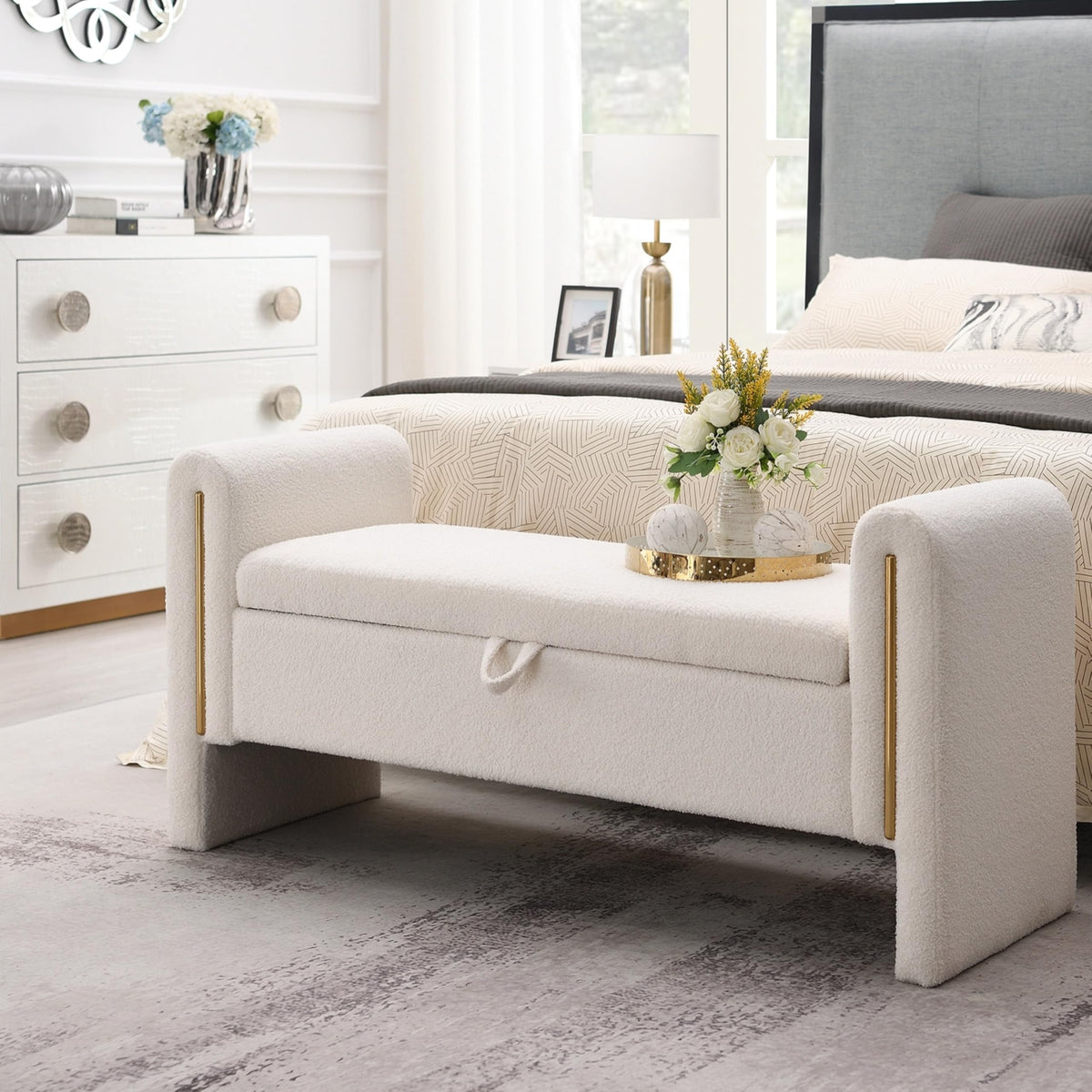 Christopher Knight Home Upholstered Storage Ottoman, Teddy Fabric Bench with Solid Wood Legs, Comfortable Foot Rest Stool, Storage Bench for Bedroom End of Bed, Living Room, Dining Room, White