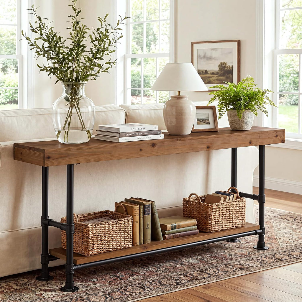 Solid Wood Entryway Table with Storage Shelf, 63 Inch