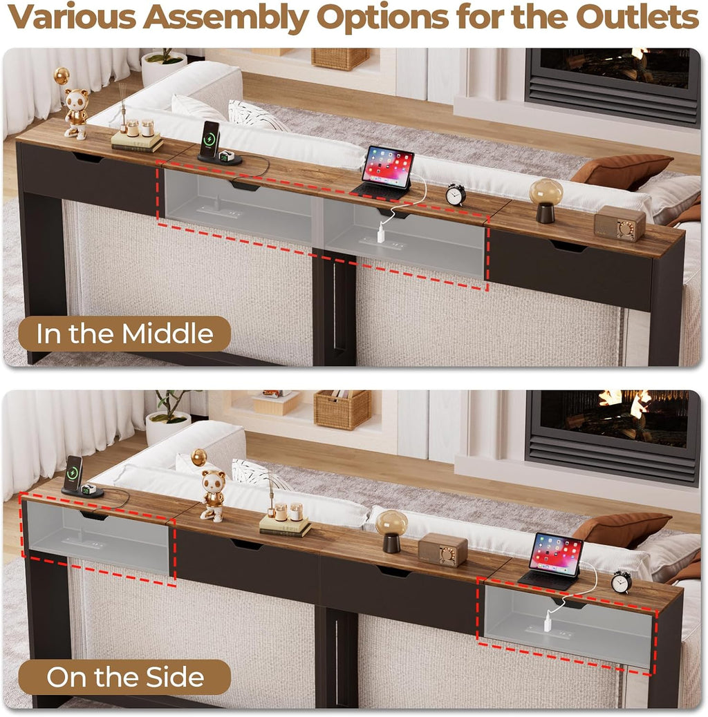 BROTTAR 78.7" Flip Top Behind Couch Table with Outlets and Storage, Brown