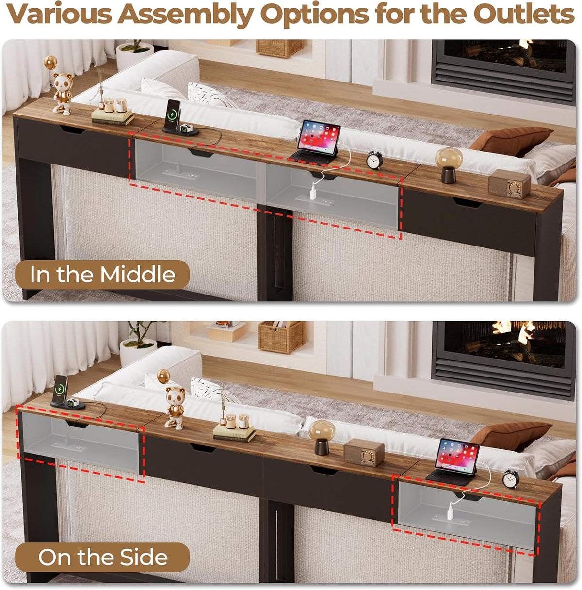 BROTTAR 78.7" Flip Top Behind Couch Table with Outlets and Storage, Brown