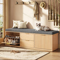 59" Storage Bench with Drawer, 2-Tier Shoe Bench with Storage, Long Entryway Bench, Thickened Cushion, Adjustable Shelf, Recessed Design for Entryway, Bedroom, Living Room, Natural