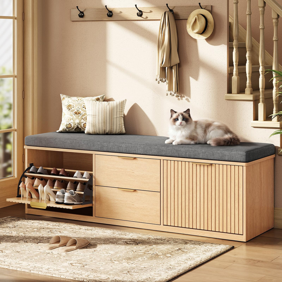59" Storage Bench with Drawer, 2-Tier Shoe Bench with Storage, Long Entryway Bench, Thickened Cushion, Adjustable Shelf, Recessed Design for Entryway, Bedroom, Living Room, Natural