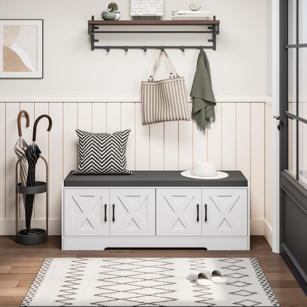 Farmhouse Shoe Storage Bench, Wooden End of Bed Bench, Shoe Storage Cabinet with Seat Cushion, Adjustable Shelf and Open Shelf for Living Room, Hallway, Bedroom