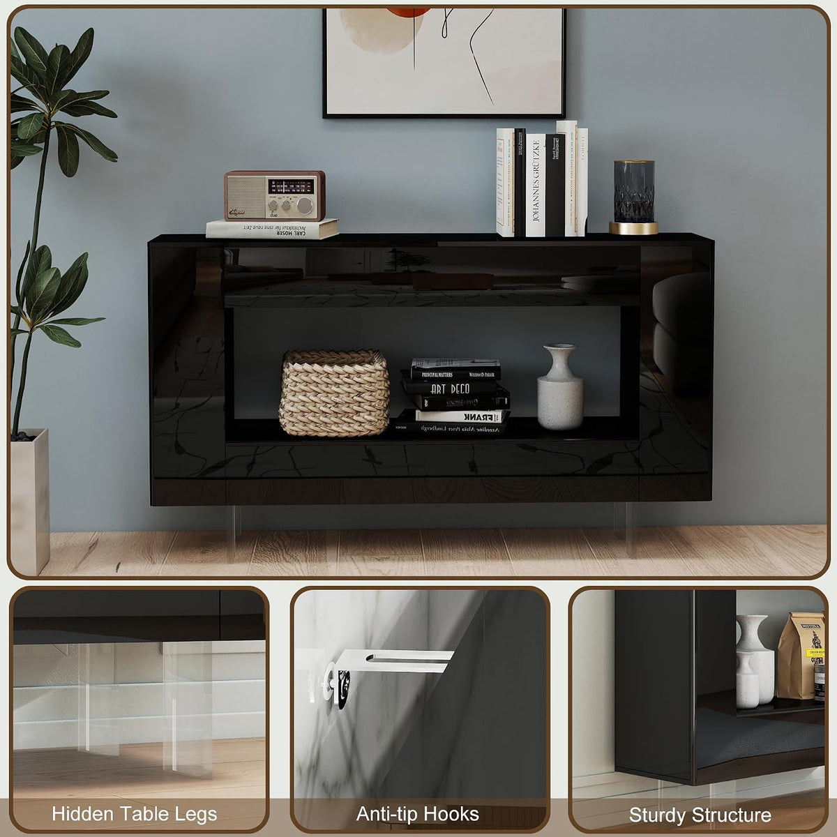 47" High Gloss Console Table with Hidden Side Storage, Black