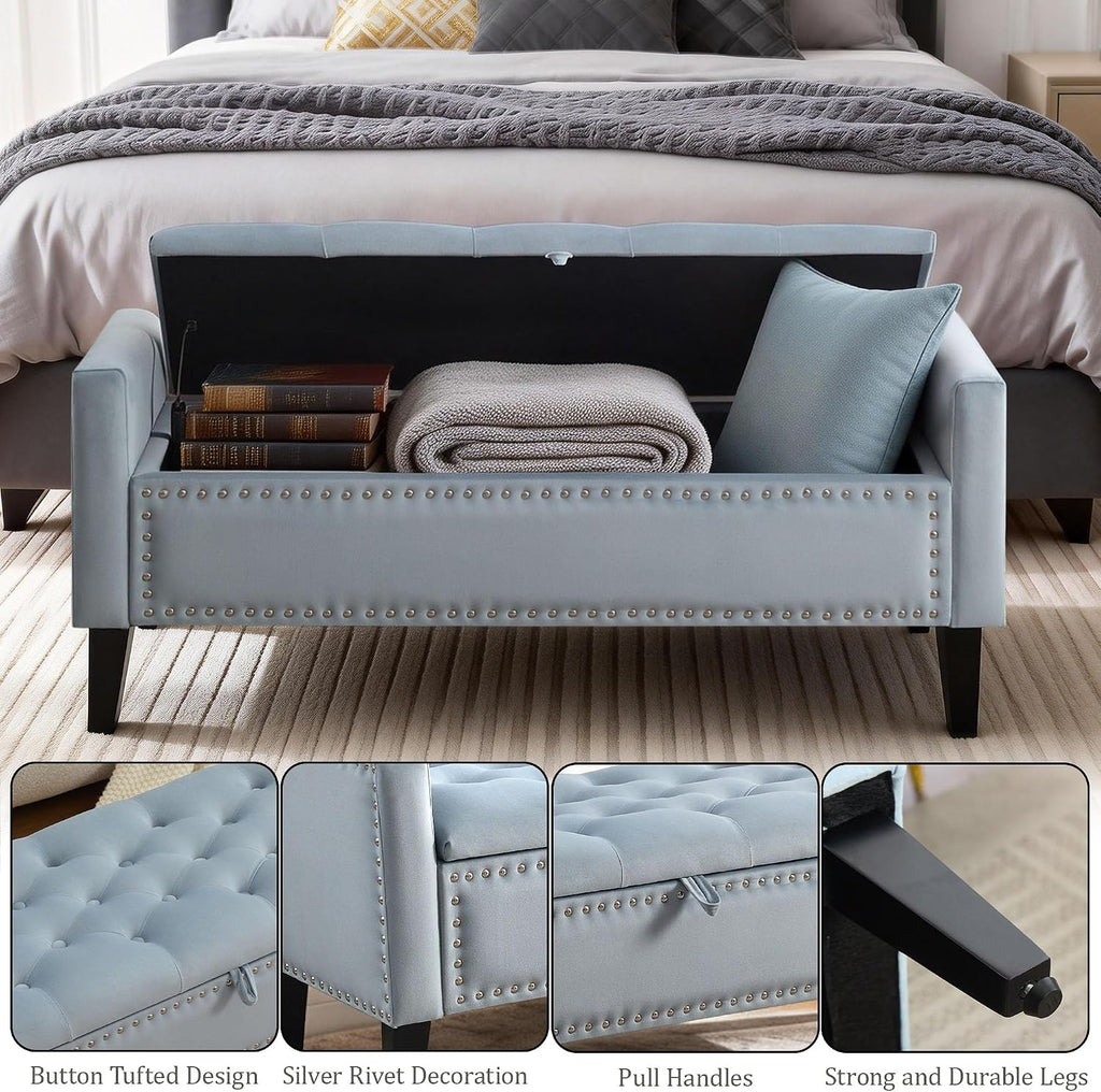 47in Velvet Storage Ottoman Bench with Arms, Upholstered Storage Bench with Wooden Legs, Storage Bench for Bedroom, Living Room, Entryway, Blue Grey