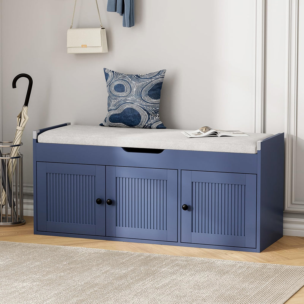 47.2" Storage Bench - Entryway Shoe Bench with Side Storage Shelves and 4 Doors, Multifunctional Entryway Bench with Lift Top Cushion, Shoe Storage Bench for Bedroom, Living Room, White