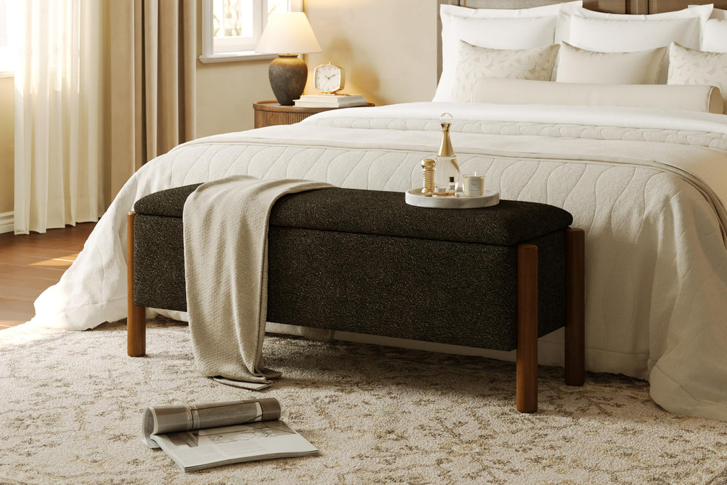 Modern Storage Benches with Walnut Wood Legs, 47'' Ottoman Bench with 20 Gallons Storage Space for Bedroom End of Bed, Fabric Upholstered Entryway Bench with Seating for Livingroom, Beige