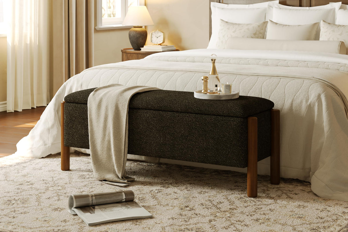 Modern Storage Benches with Walnut Wood Legs, 47'' Ottoman Bench with 20 Gallons Storage Space for Bedroom End of Bed, Fabric Upholstered Entryway Bench with Seating for Livingroom, Beige