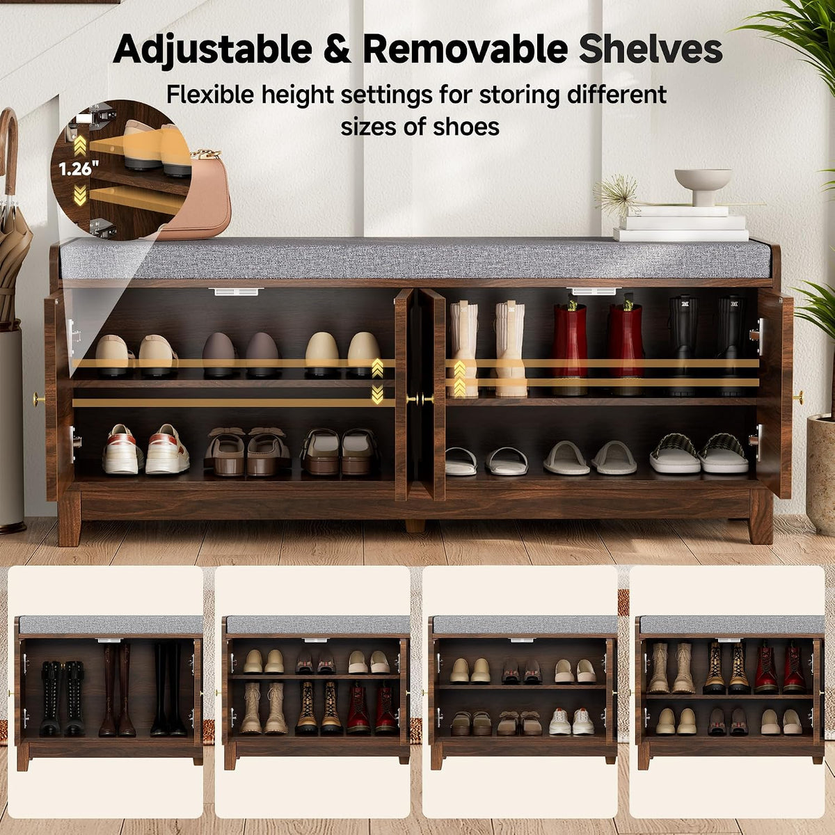 2-Tier Shoe Storage Bench, Entryway Bench w/Thickened Padded Seat Cushion