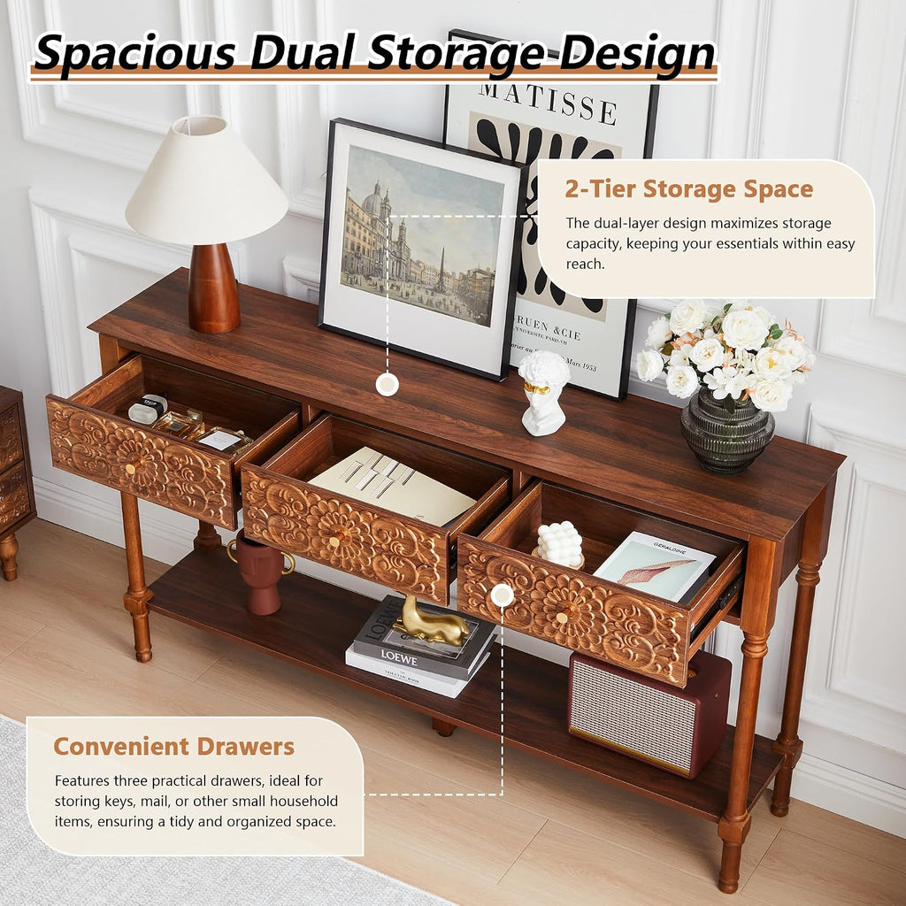 weselon 55.5" Carved Console Table with 3 Drawers, 2-Tier Sofa Table with Glossy Floral Surface and Solid Wood Legs, Mid-Century Modern Entryway Table for Living Room Hallway (Walnut)