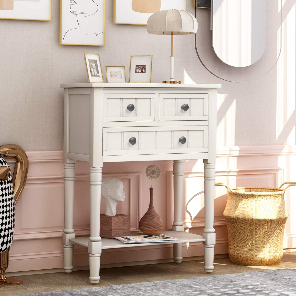 Knocbel Slim Antique Entry Console Table with 3 Drawers & Bottom Open Shelf, Solid Wood Narrow Sofa Couch Table for Entryway Hallway Living Room 23.7" W x 13" D x 31.4" H Natural
