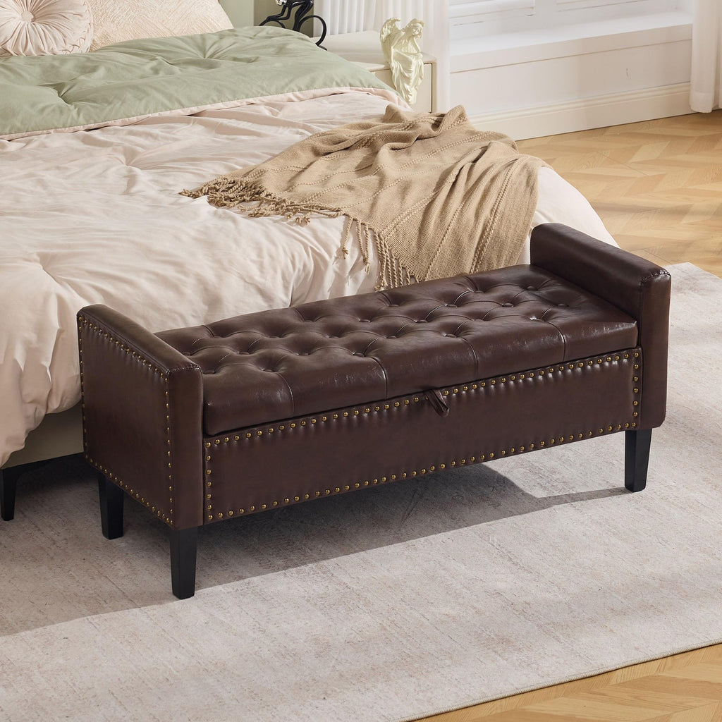 WUTUTUEE 47" Velvet Storage Bench, Upholstered Bed Bench with Storage, End of Bed Ottoman with Wooden Legs,Bedside Storage Bench for Bedroom, Living Room, or Entryway, Blue Grey