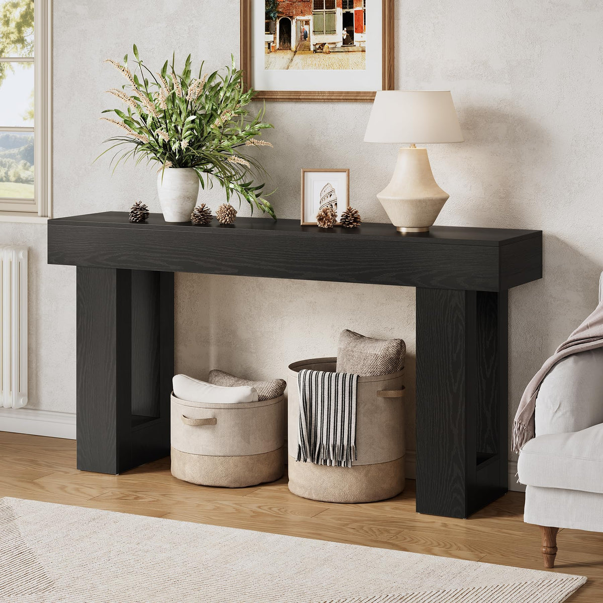 LITTLE TREE 63 Inches Long Console Table for Entryway, Sofa Table Behind Couch, Wooden Entry Table Foyer Hallway Tables, Farmhouse Console Sofa Tables for Living Room, Oak Color