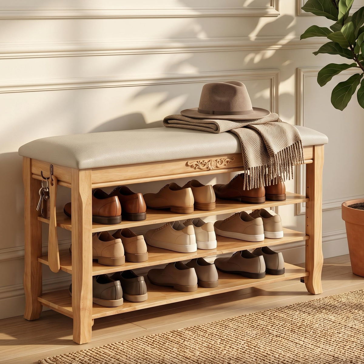 Shoe Rack Bench Entryway Storage with Leather Cushion, 39.4"