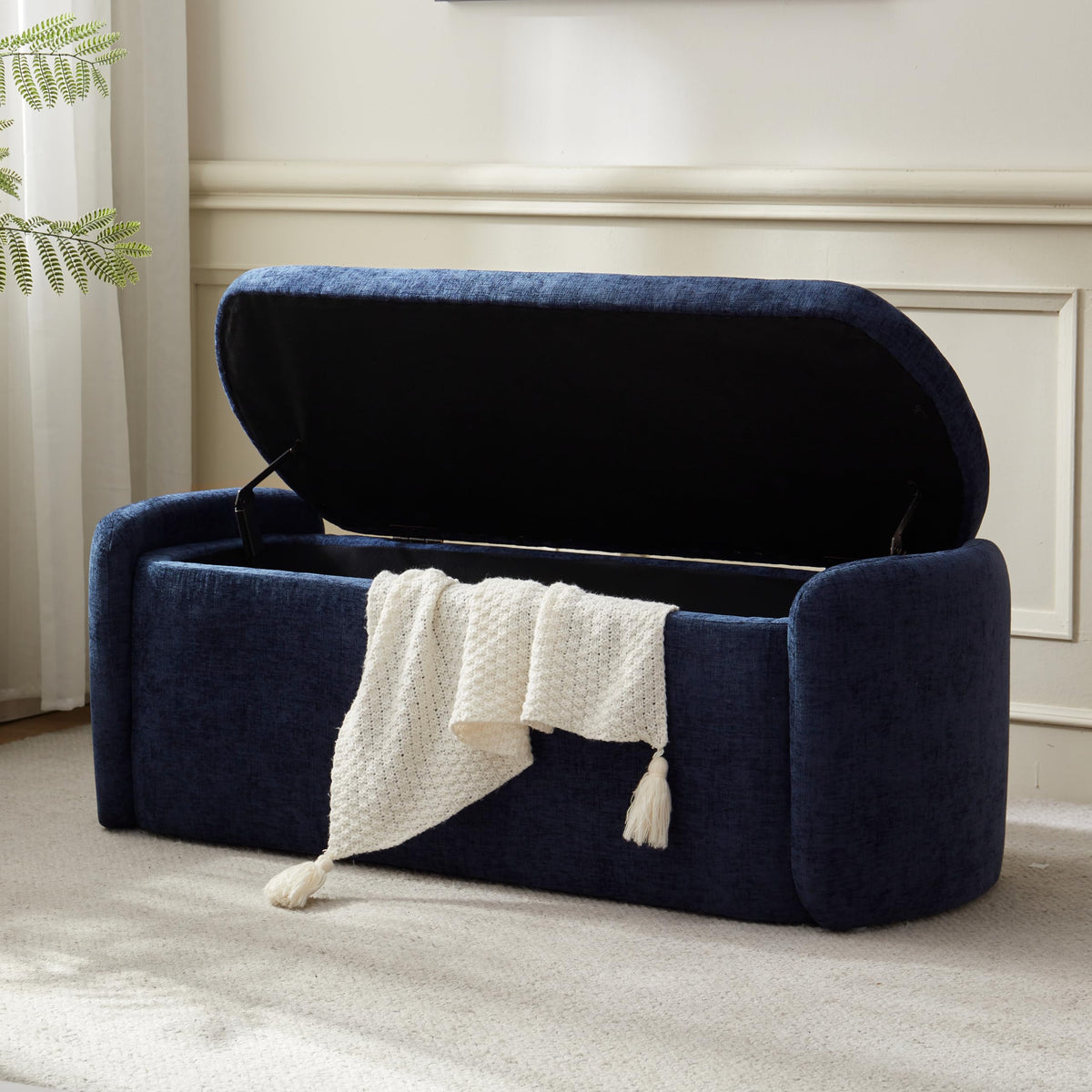 VKNOW Storage Bench, Upholstered Storage Ottoman Bench with Hinge, Khaki