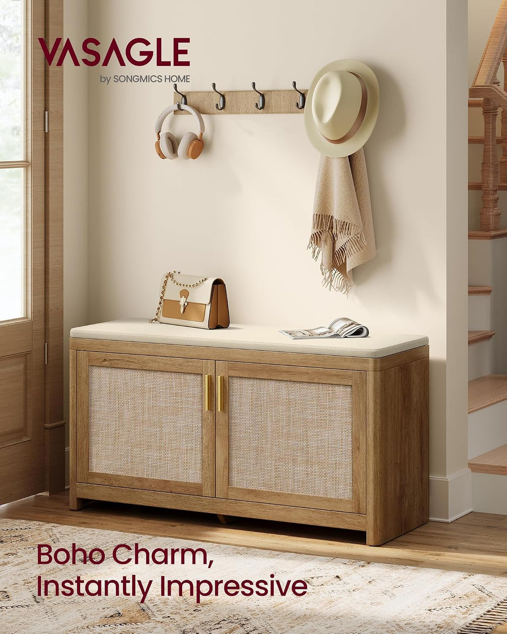 VASAGLE Boho Shoe Bench with Cushion, 2 Rattan-Look Cabinet Doors
