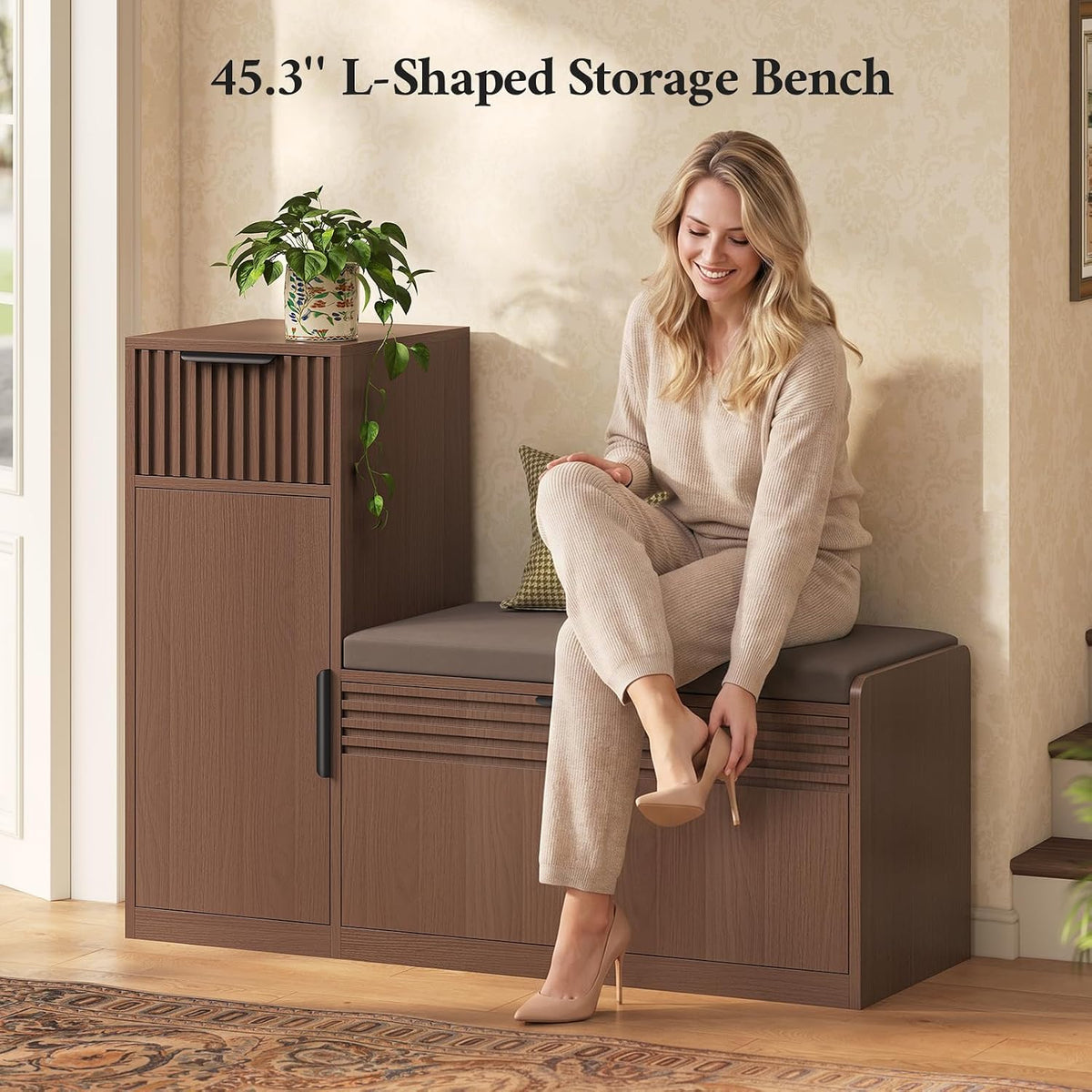 45.3" L-Shaped Storage Bench, Entryway Bench with Shoe Storage and Cushion, 3-Level Adjustable Shelves Flip Drawer & Side Cabinet with Fluted Panels for Hallway, Mudroom, Living Room, Walnut