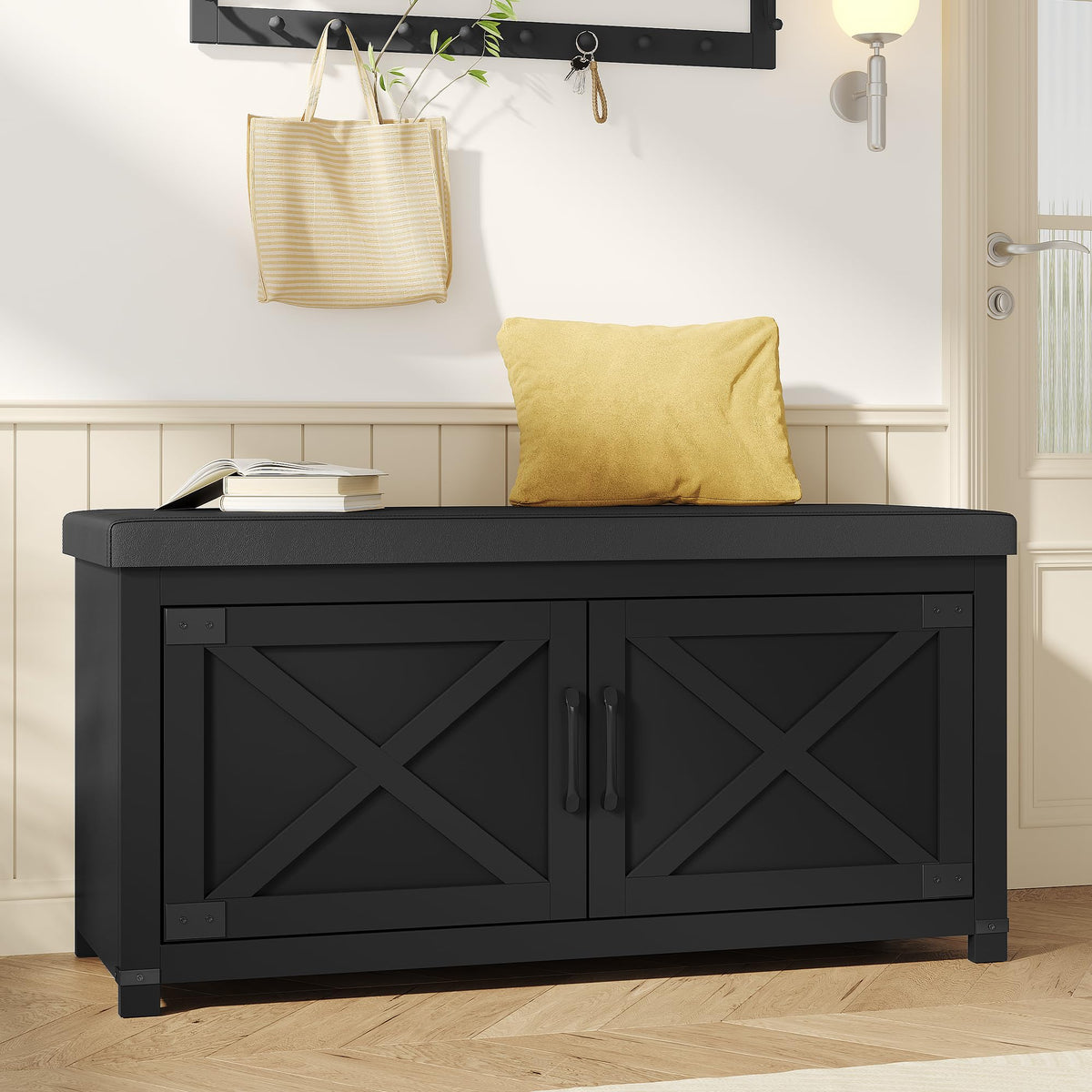 Hzuaneri 59" Shoe Storage Bench, with Soft Padded Seat Cushion & Doors