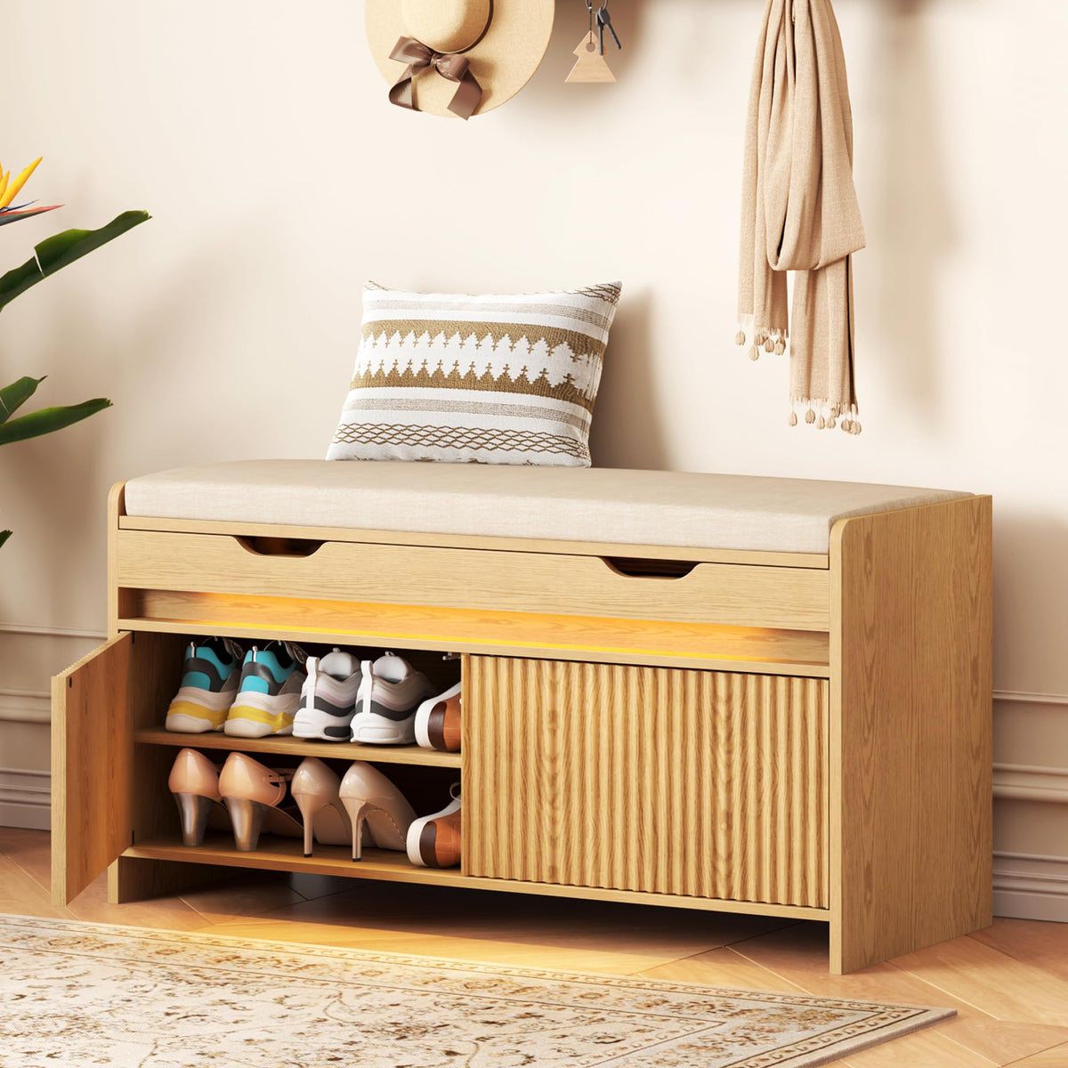 HOMEFORT Shoe Storage Bench, Modern Entryway Bench with Fluted Doors & Built-in LED Sensor Light, Wooden Shoe Bench with Cushion for Hallway and Bedroom, Walnut