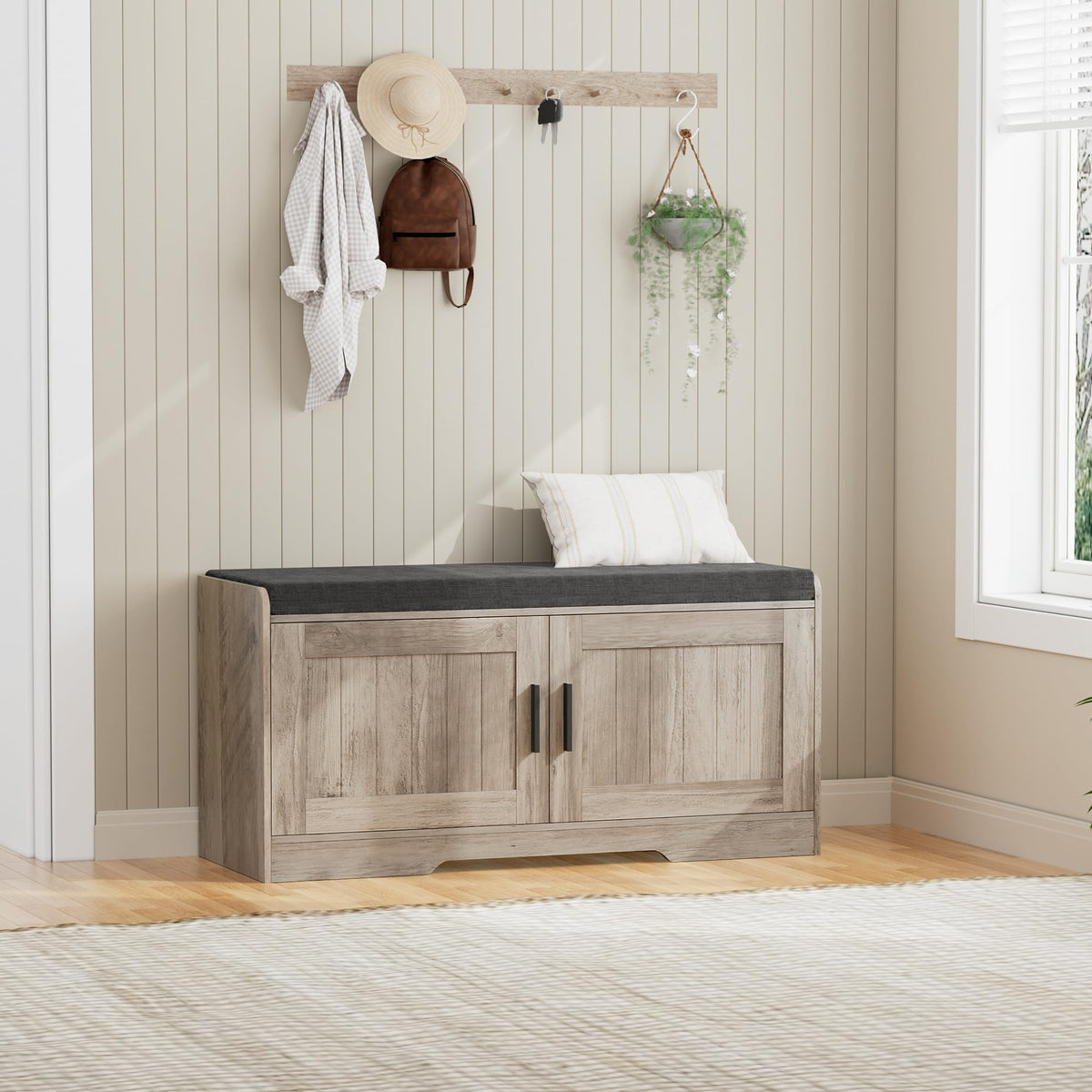 Homleke Shoe Storage Bench, 4 Doors & Thickened Padded Seat Cushion