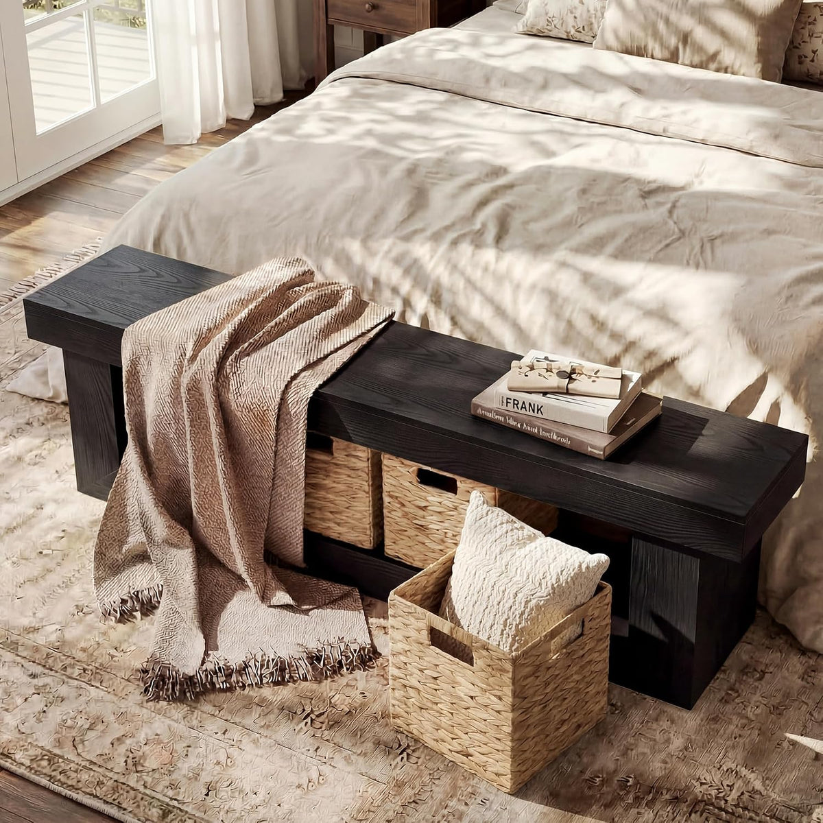 LITTLE TREE End of Bed Bench with Storage, 63" Thickened Wooden Shoe Bench, Farmhouse Indoor Bench Seat for Bedroom, Entryway, Hallway, Living Room, Rustic Black