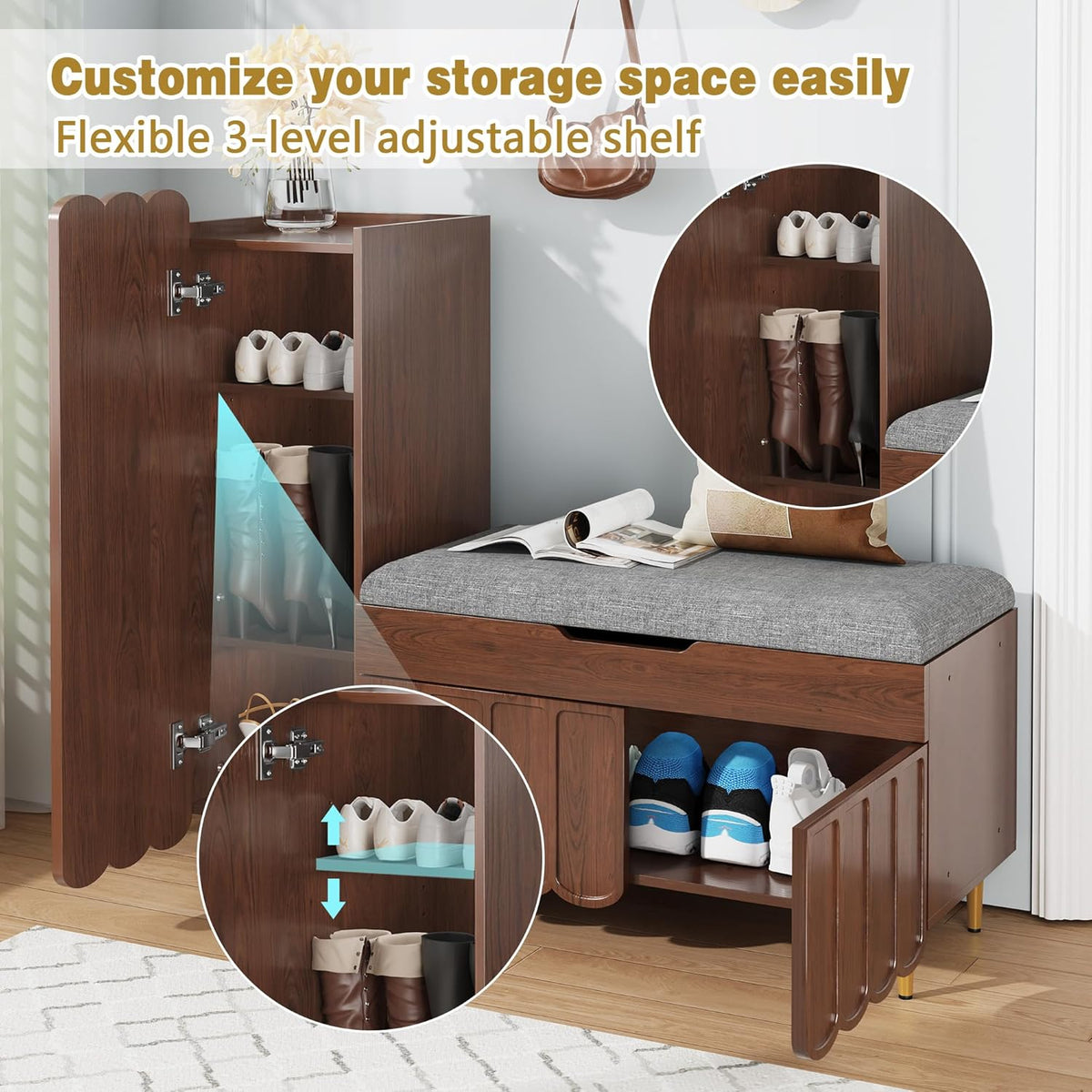 3More L-Shaped Entryway Shoe Bench with Cushioned Seat, Brown