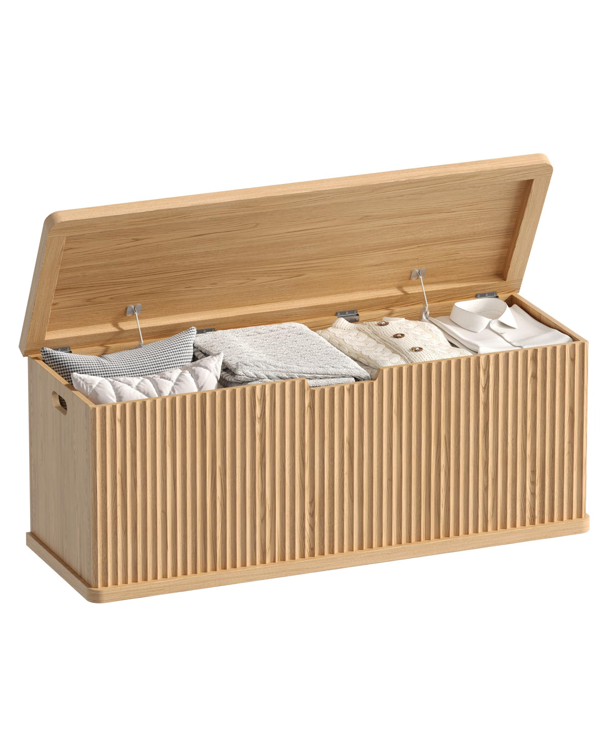 Akxomel 37.4" Fluted Storage Chest Wooden Storage Trunk 2 Safety Hinges Oak