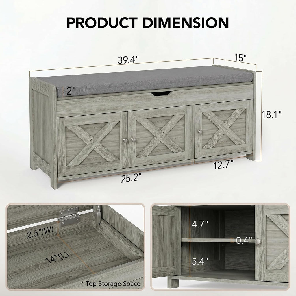 Marsail Shoe Storage Bench with Seating, Farmhouse Entryway Bench, Grey