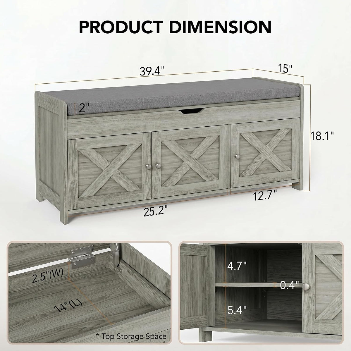 Marsail Shoe Storage Bench with Seating, Farmhouse Entryway Bench with Shoe Storage and Cushion, Under Window Benches Wooden Ottoman for Bedroom, Entry Way, Living Room, Cool Gray