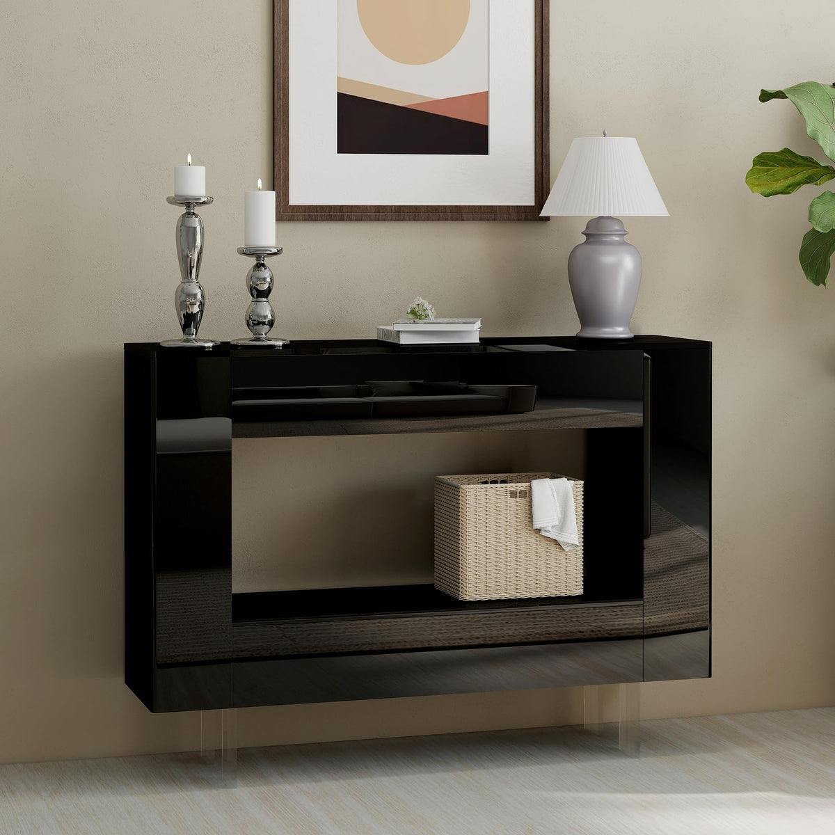 47" High Gloss Console Table with Hidden Side Storage, Black