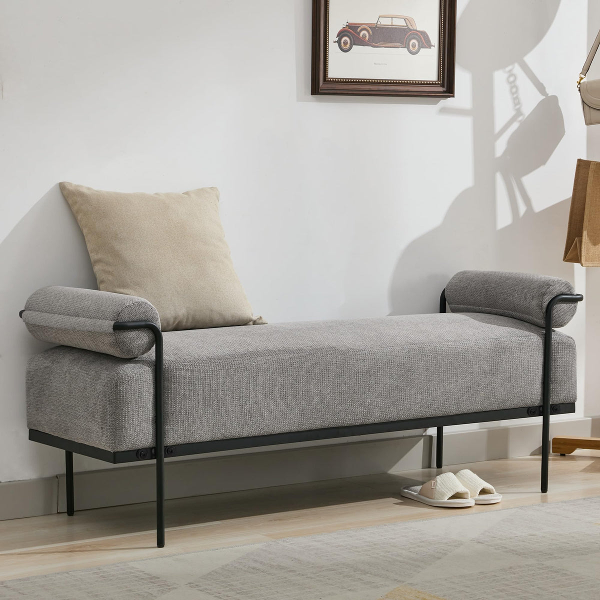 SOFTHION 61.2" End of Bed Bench, Chenille Upholstered Entryway Bench, Beige