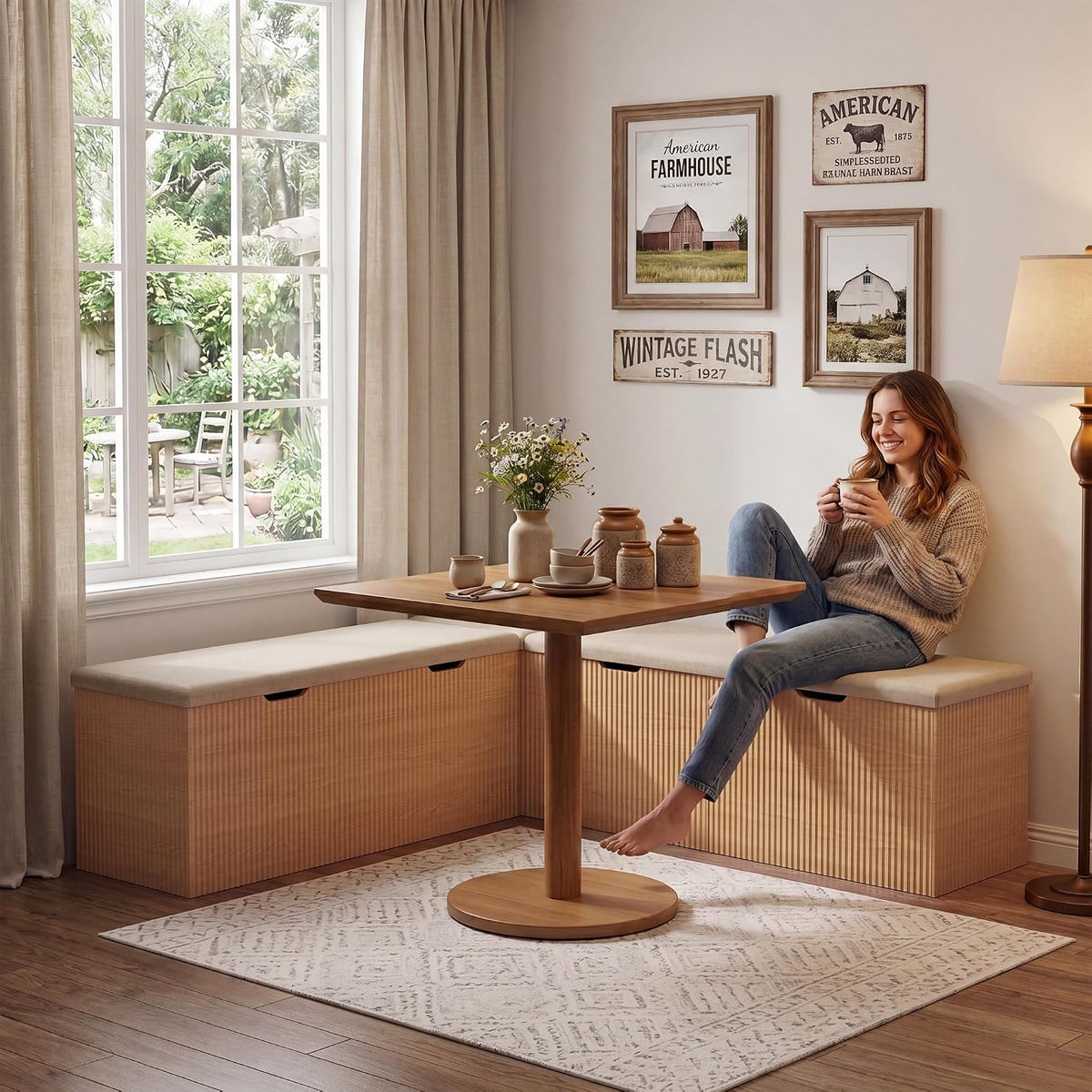 Merapi L-Shaped Storage Bench, Natural Wood Corner Bench with Storage