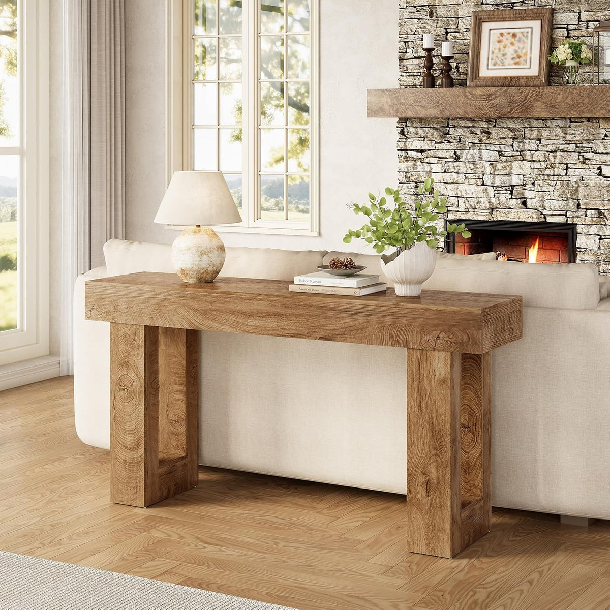 LITTLE TREE 63 Inches Long Console Table for Entryway, Sofa Table Behind Couch, Wooden Entry Table Foyer Hallway Tables, Farmhouse Console Sofa Tables for Living Room, Oak Color
