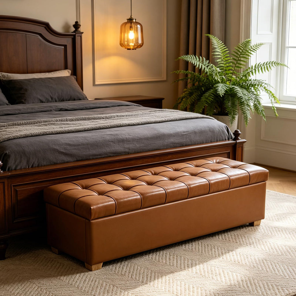 Chifee & Vingol 60" Ottoman with Storage Oversized End of Bed Storage Bench Upholstered Benches for Entryway, Living Room, Bedroom-Beige