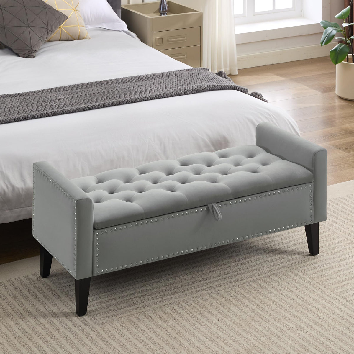 WUTUTUEE 47" Velvet Storage Bench, Upholstered Bed Bench with Storage, End of Bed Ottoman with Wooden Legs,Bedside Storage Bench for Bedroom, Living Room, or Entryway, Blue Grey