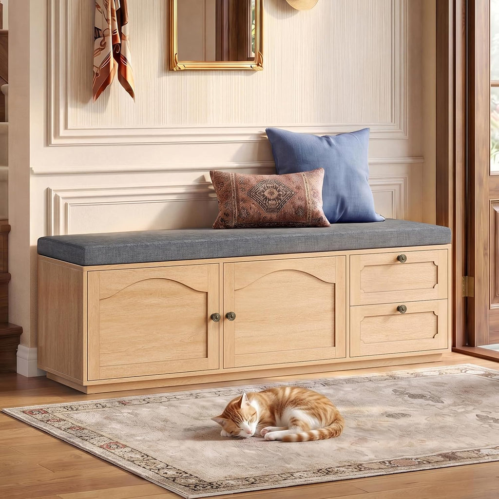 59" Storage Bench with Drawer, 2-Tier Shoe Bench with Storage, Long Entryway Bench, Thickened Cushion, Adjustable Shelf, Recessed Design for Entryway, Bedroom, Living Room, Natural