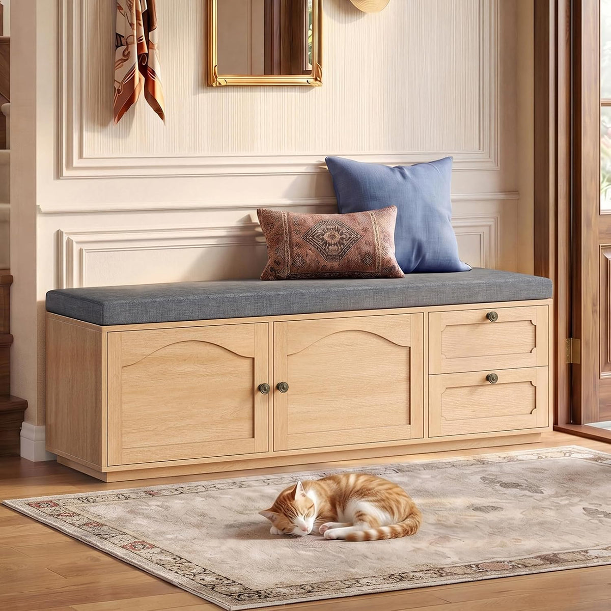 59" Storage Bench with Drawer, 2-Tier Shoe Bench with Storage, Long Entryway Bench, Thickened Cushion, Adjustable Shelf, Recessed Design for Entryway, Bedroom, Living Room, Natural