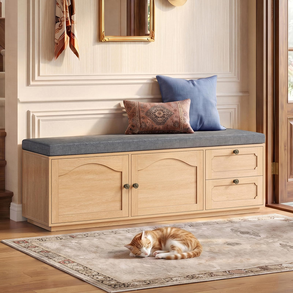 59" Storage Bench with Drawer, 2-Tier Shoe Bench with Storage, Long Entryway Bench, Thickened Cushion, Adjustable Shelf, Recessed Design for Entryway, Bedroom, Living Room, Natural