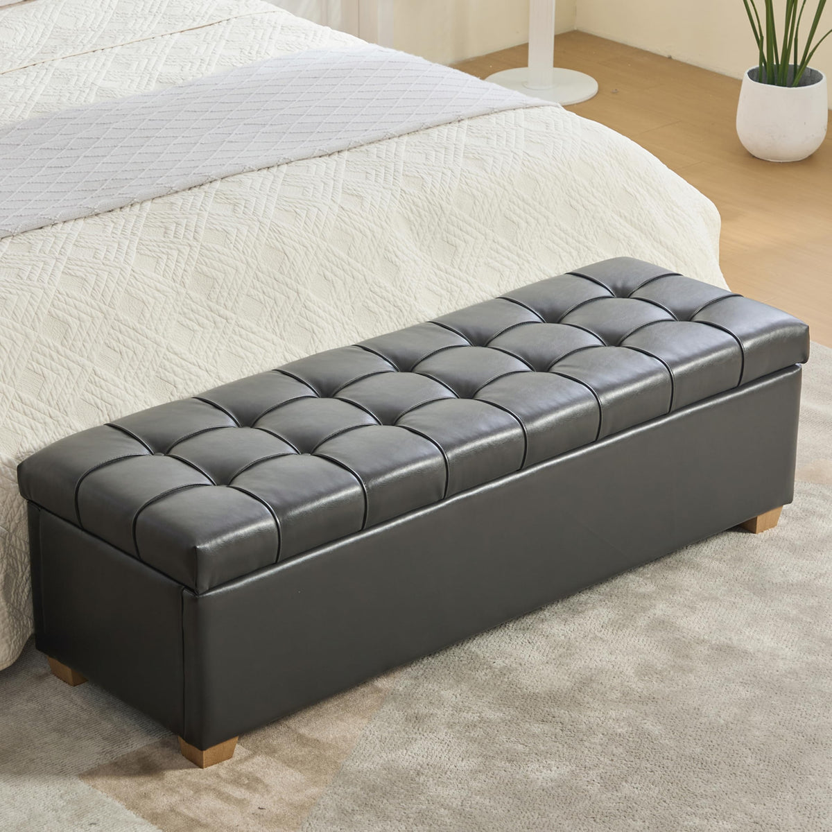 60.24" Bedside Ottoman Bench with Storage,Button Tufted Storage Benches for Bed End,Chenille Bench with Seating and Storage for Entryway,Bedroom,Living Room,Window (Beige, 60.24)