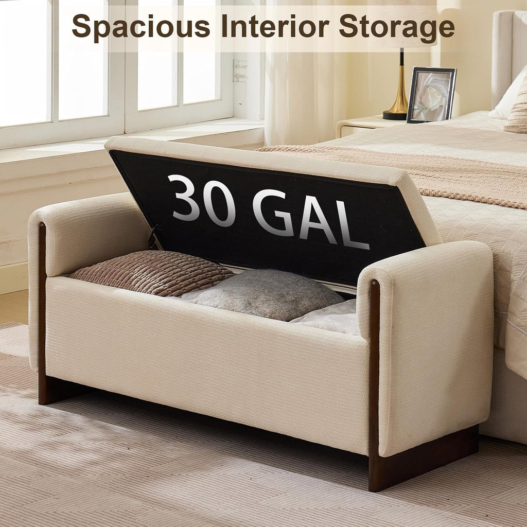 50.8 inch Storage Ottoman Bench with Armrests, Hidden Storage, Beige