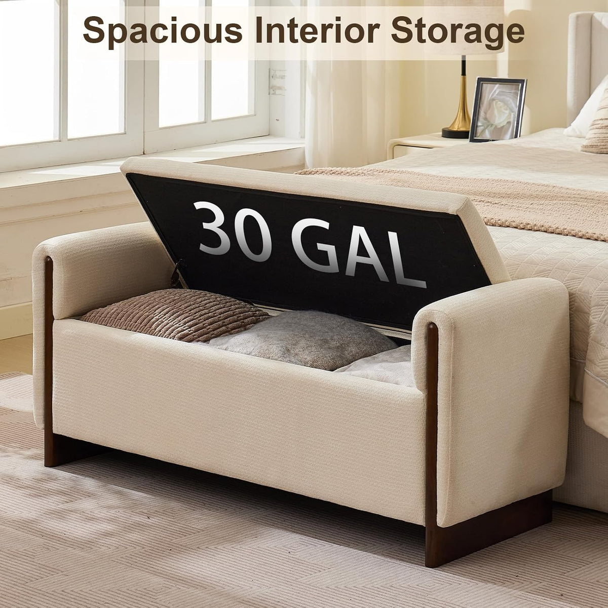 50.8 inch Storage Ottoman Bench with Armrests, Hidden Storage, Beige