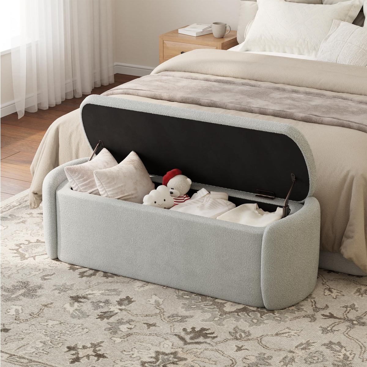 VKNOW Storage Bench, Upholstered Storage Ottoman Bench with Hinge, Khaki