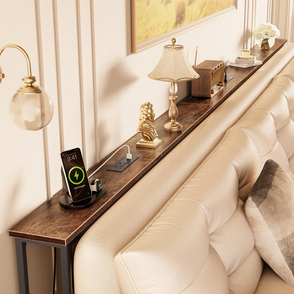 Huuger 118 Inch Sofa Table with Power Outlets, Skinny Behind Couch Table