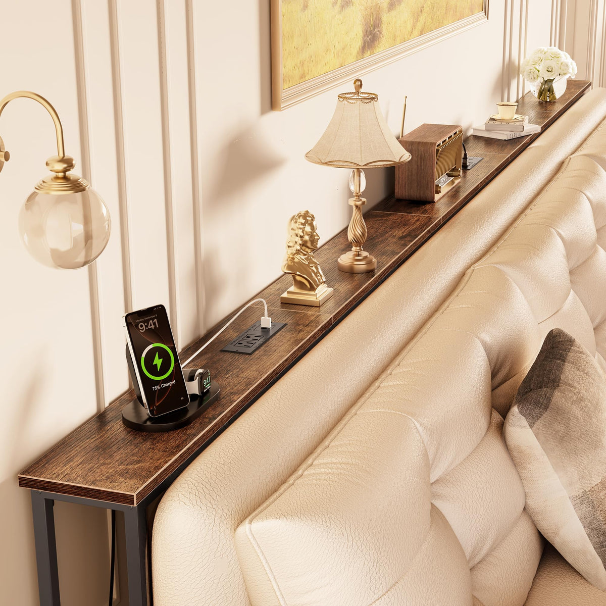 Huuger 118 Inch Sofa Table with Power Outlets, Skinny Behind Couch Table