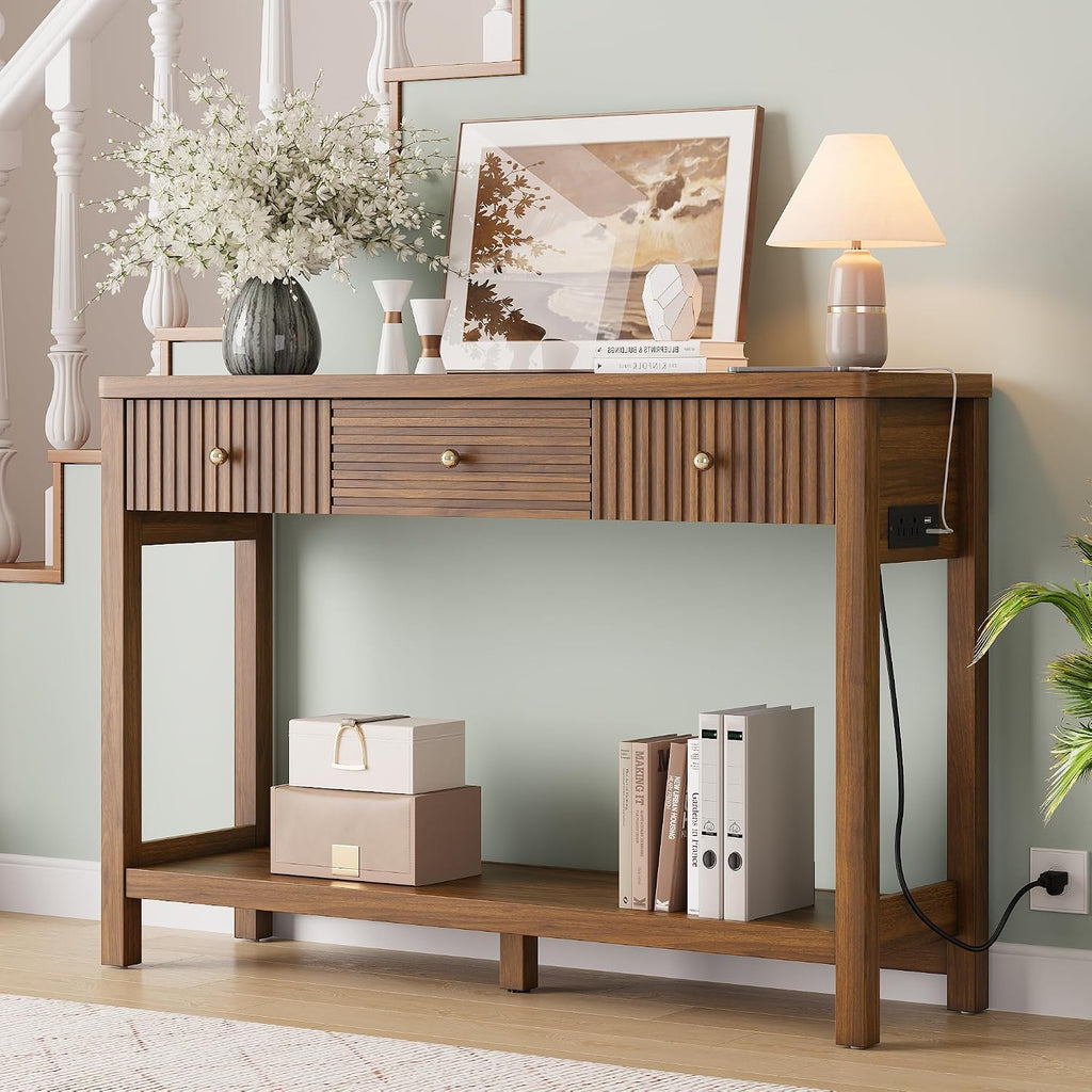 Decofy 47'' Fluted Console Table with Charging Station & 3 Drawers, Walnut
