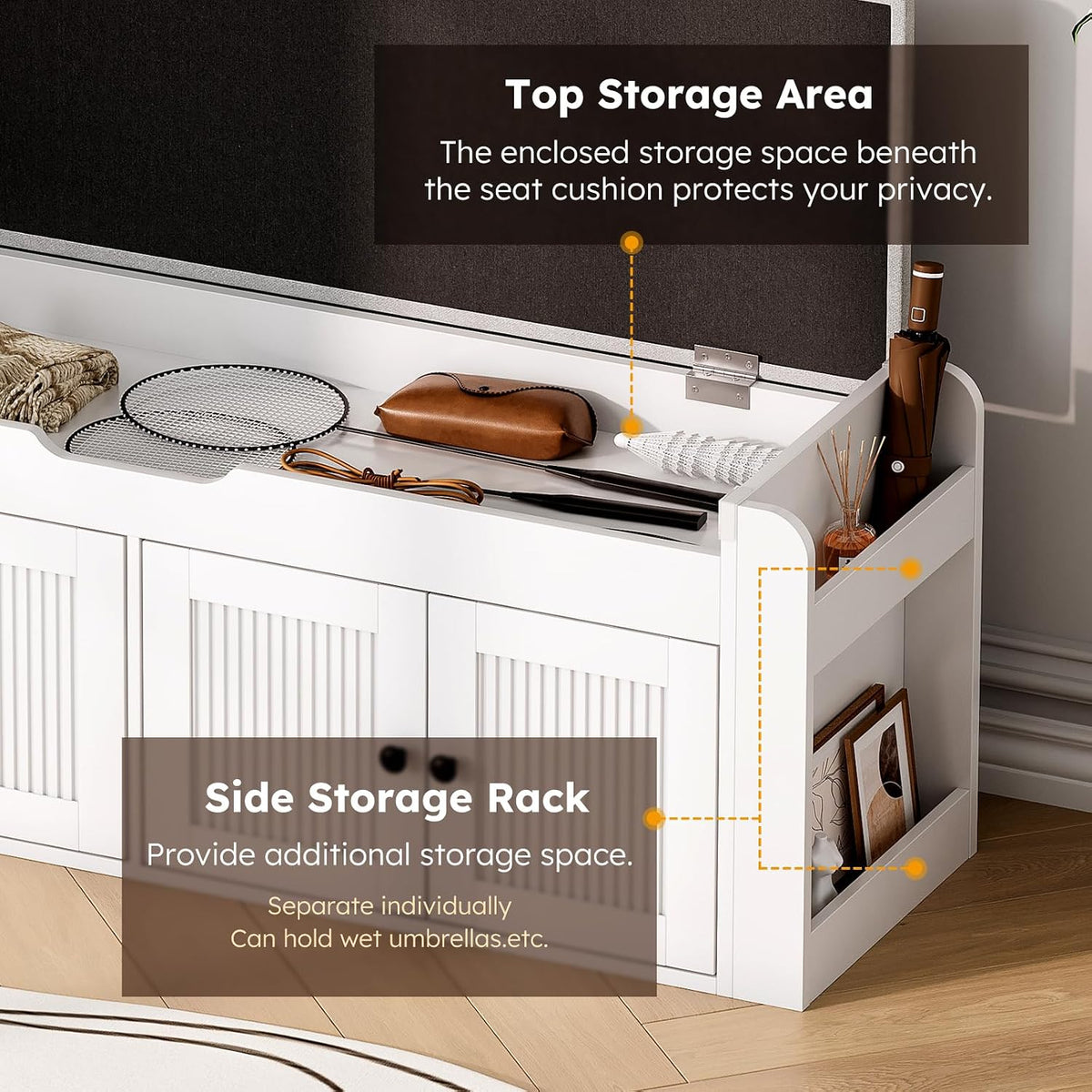 47.2" Storage Bench - Entryway Shoe Bench with Side Storage Shelves and 4 Doors, Multifunctional Entryway Bench with Lift Top Cushion, Shoe Storage Bench for Bedroom, Living Room, White