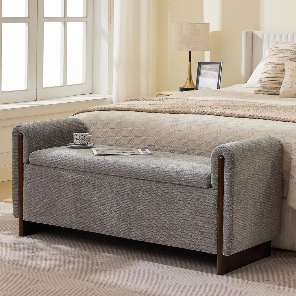 50.8 inch Storage Ottoman Bench with Armrests, Hidden Storage, Beige