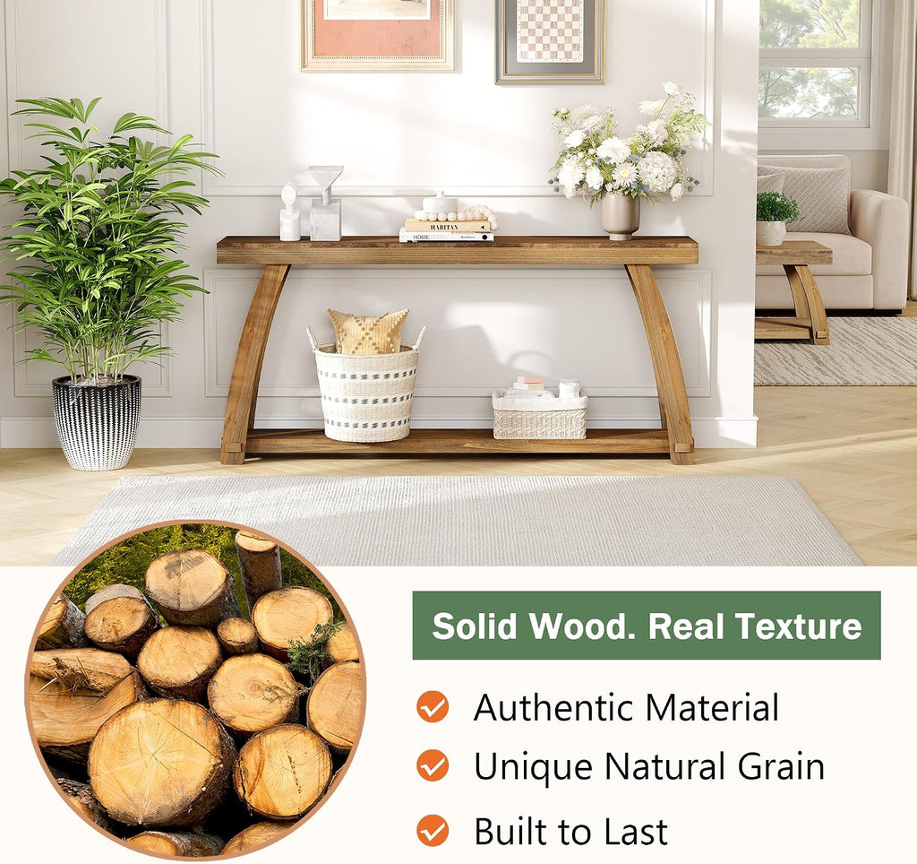 Solid Wood Console Table, 63" Sofa Table with Slightly Curved Legs